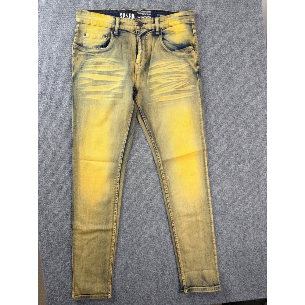 Spark Mens 32x32 Slim Fit Jeans Yellow Tint Acid Wash Stretch Denim Streetwear